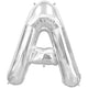 A silver, metallic foil balloon shaped like the letter A against a plain white background.