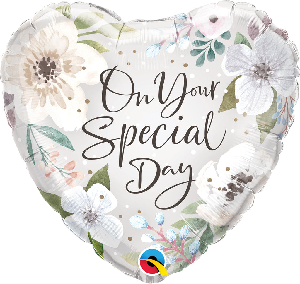 18" Heart Special Day White Floral Foil Balloon