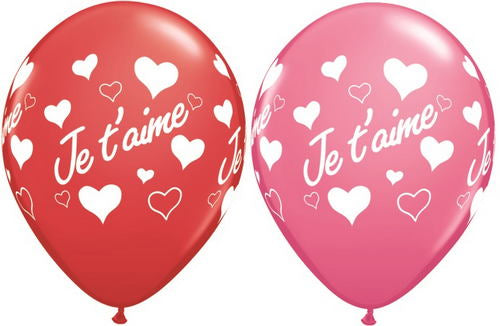 11" Red And Rose (50 Count) Je T'Aime Coeurs Latex Balloons