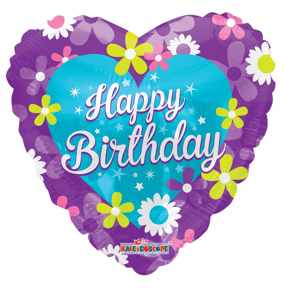 18" Happy Birthday Purple Heart With Flowers Balloon