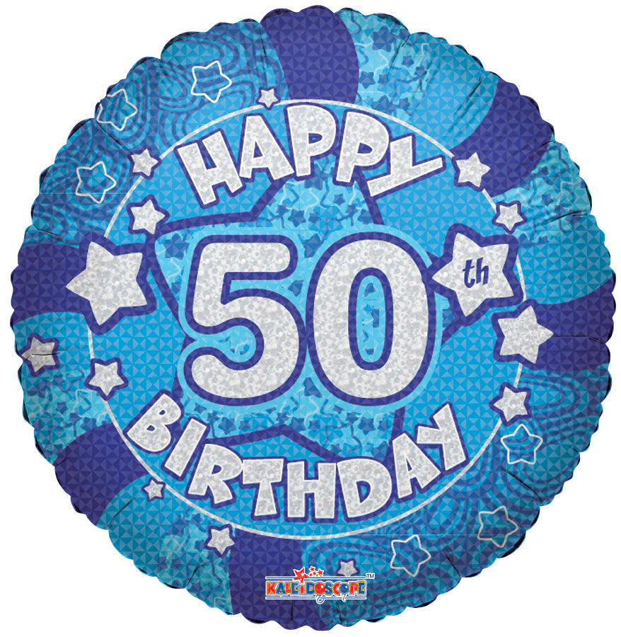 18" Holographic Blue Happy 50th Birthday Balloon