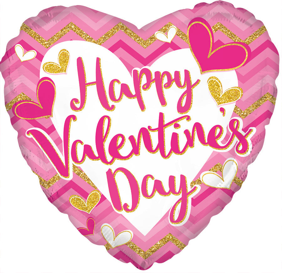 17" Happy Valentine's Day Pink Cheveron Foil Balloon