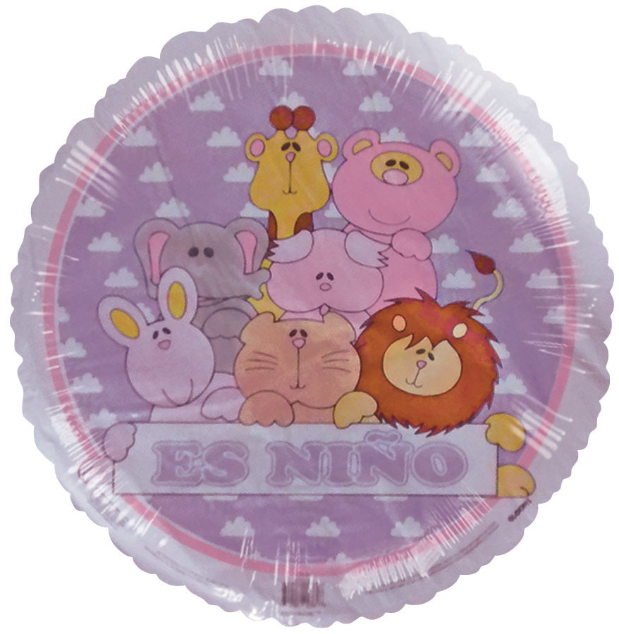 18" Es Niño Cute Animals Purple White Border Balloon (Spanish)