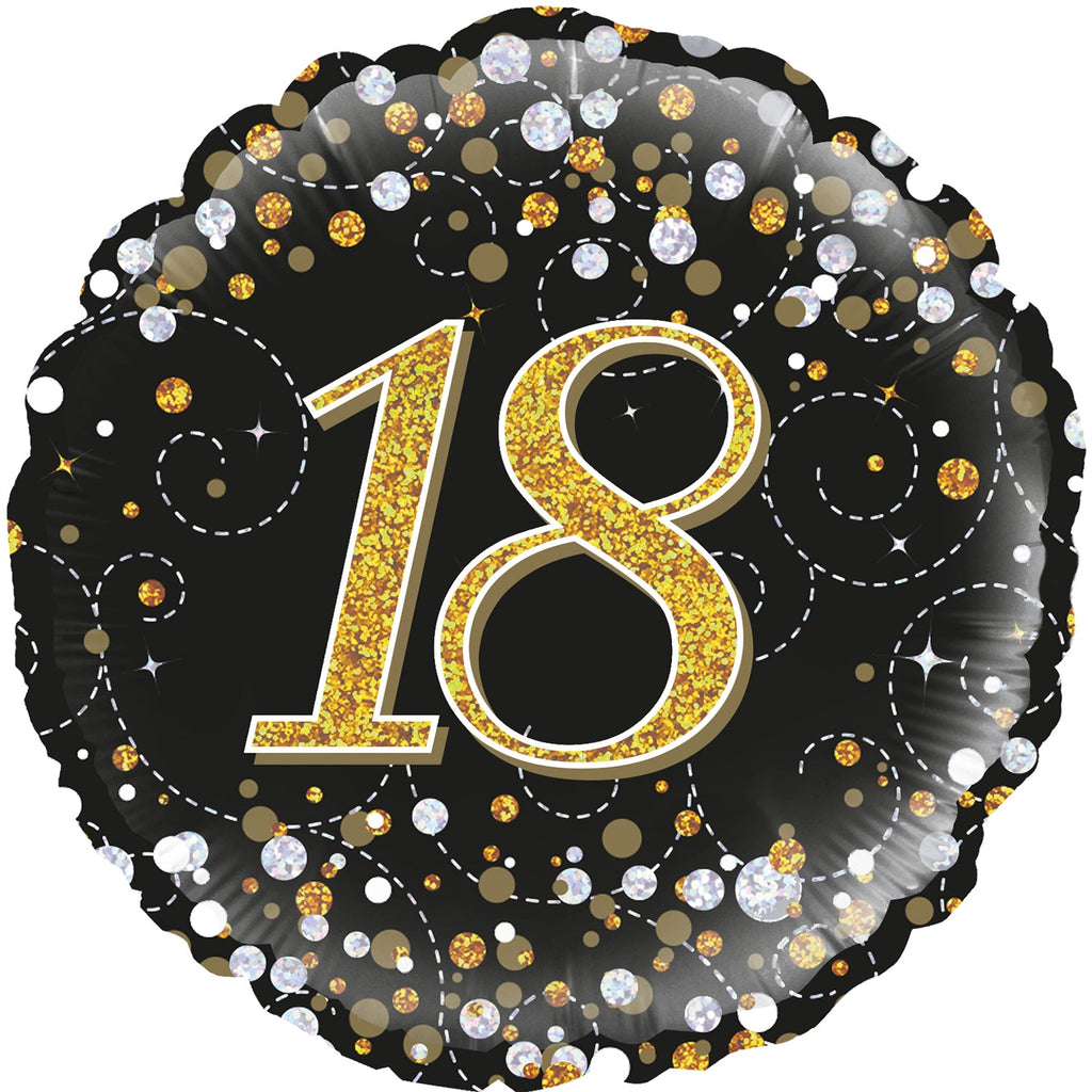 18" 18th Sparkling Fizz Birthday Black & Gold Holographic Oaktree Foil Balloon