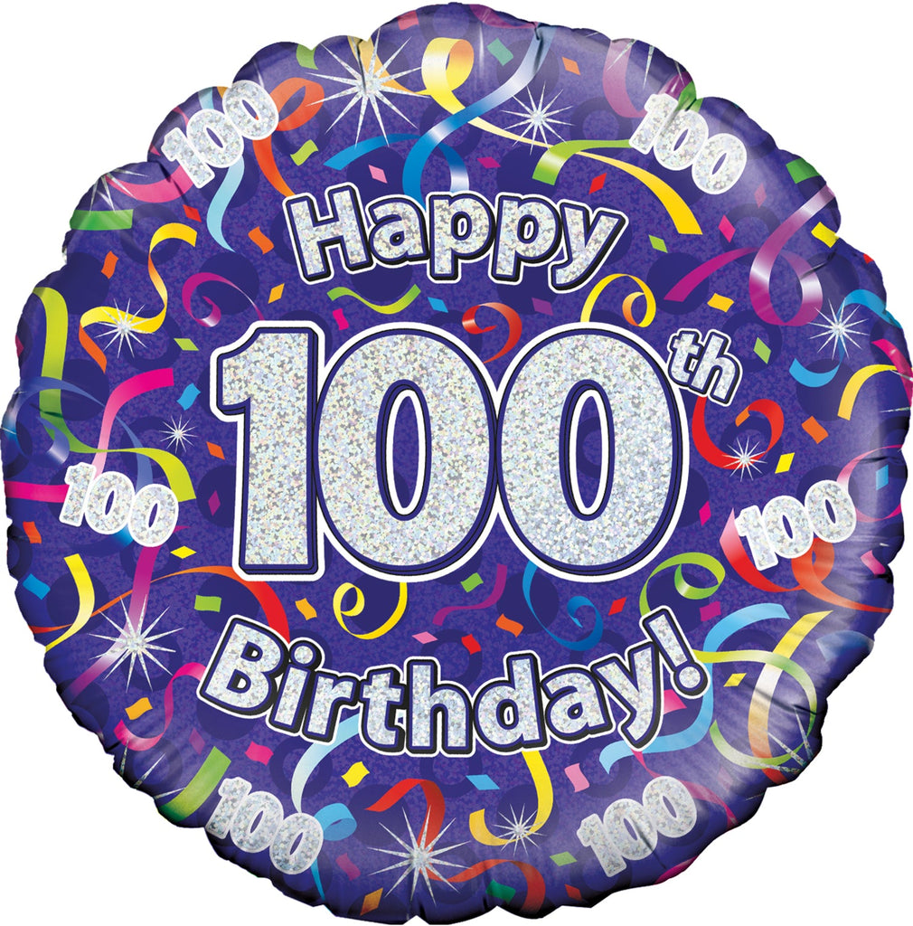 18" 100th Birthday Streamers Holographic Oaktree Foil Balloon