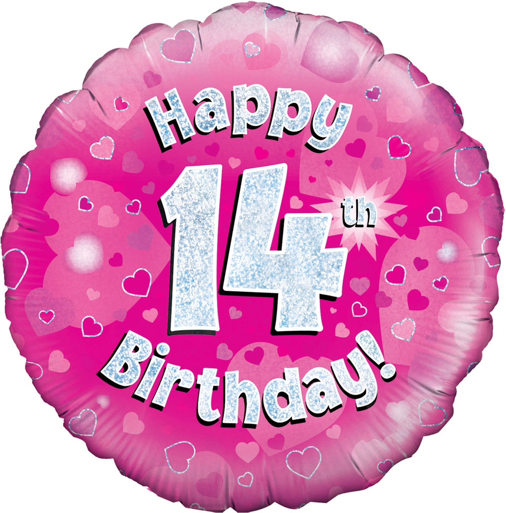 18" Happy 14th Birthday Pink Holographic Oaktree Foil Balloon