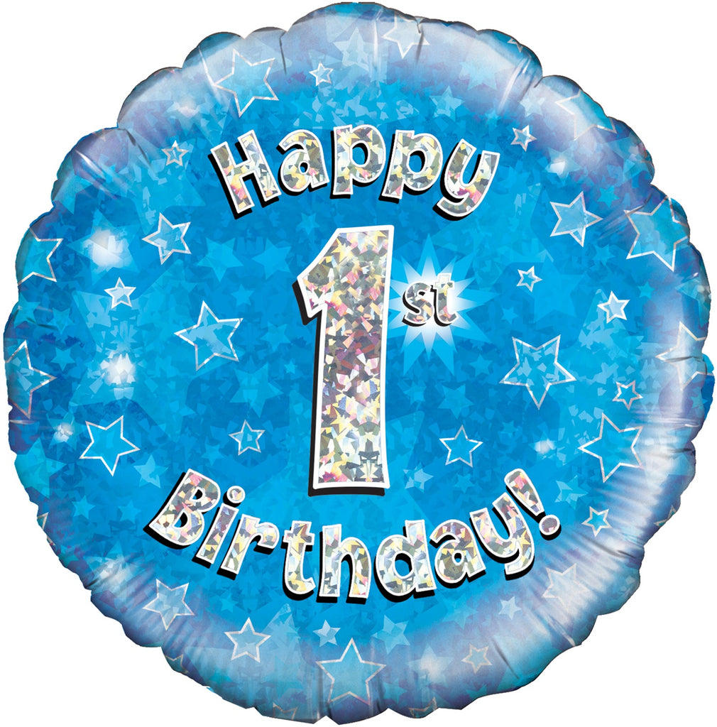 18" Happy 1st Birthday Blue Holographic Oaktree Foil Balloon
