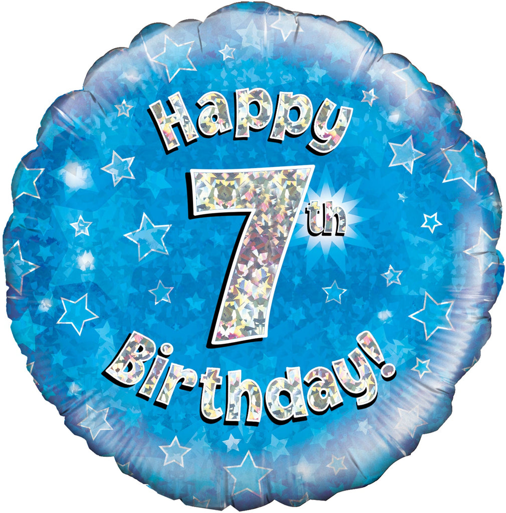 18" Happy 7th Birthday Blue Holographic Oaktree Foil Balloon