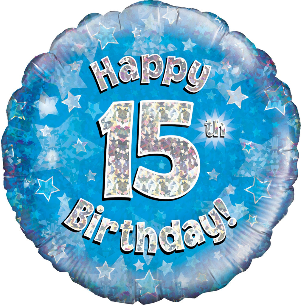 18" Happy 15th Birthday Blue Holographic Oaktree Foil Balloon