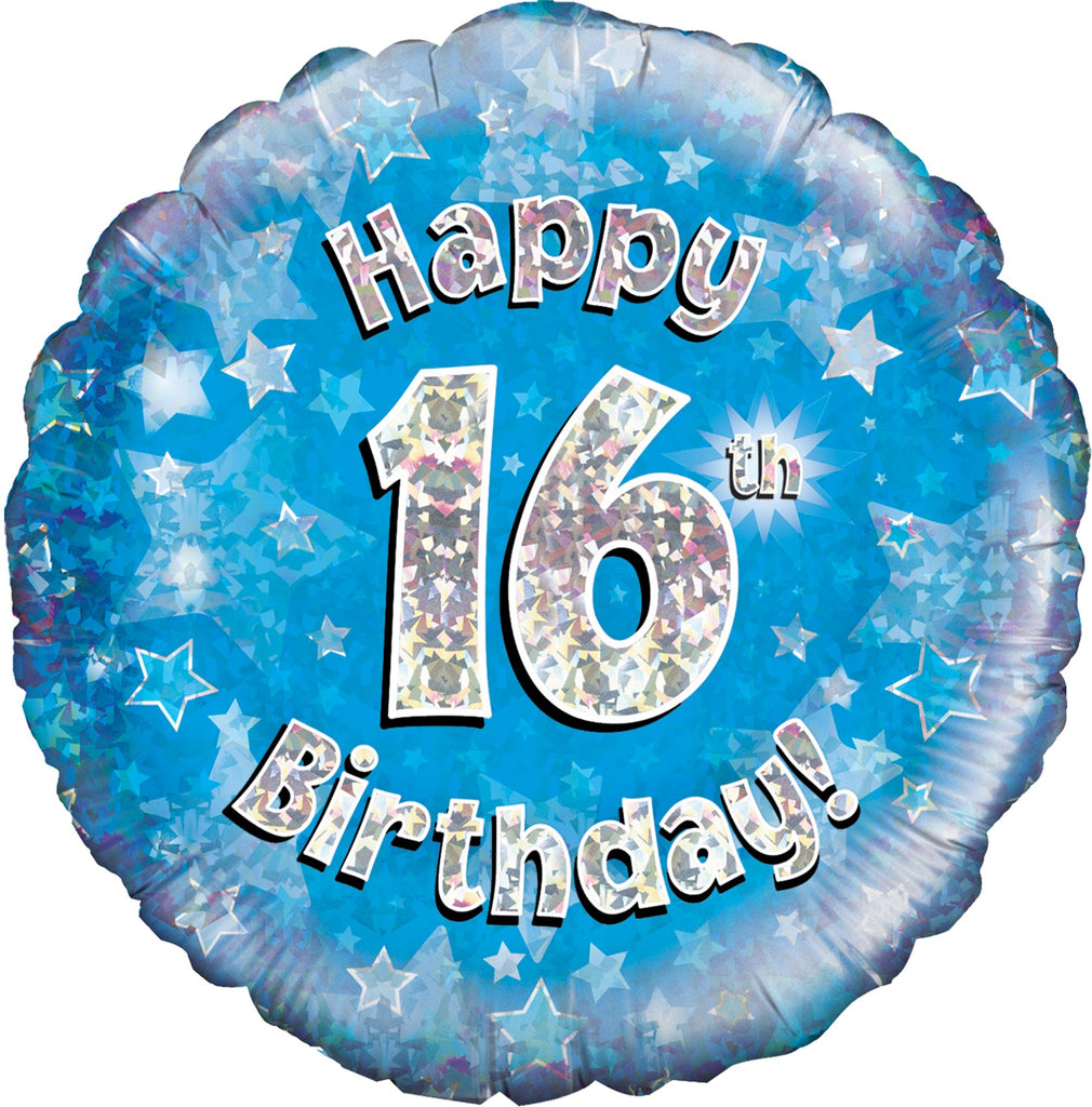18" Happy 16th Birthday Blue Holographic Oaktree Foil Balloon