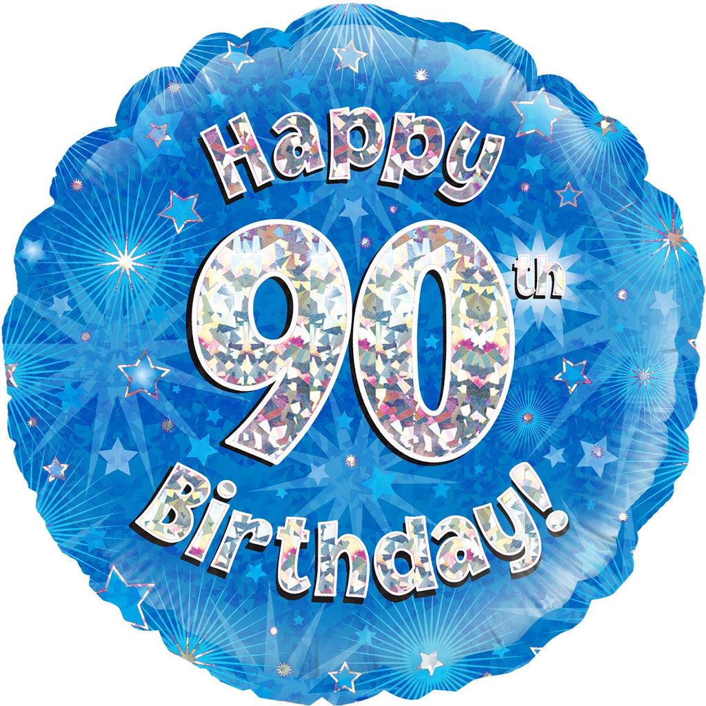 18" Happy 90th Birthday Blue Holographic Oaktree Foil Balloon