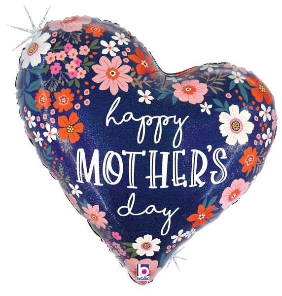 35" Foil Shape Holographic Packaged Mother's Day Floral Heart Foil Balloon