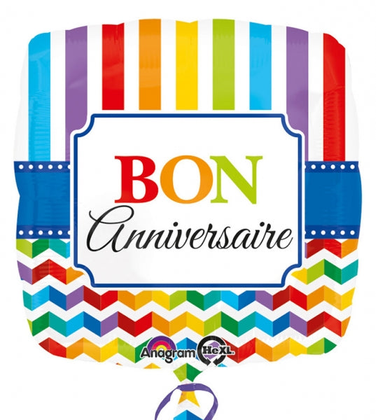 18" Bon Anniversaire Stripe & Chevron (French) Balloon