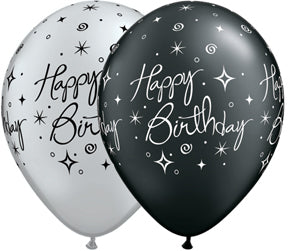 11" Happy Birthday Sparkles Swirls Silver & Pearl Onyx Black (50 Per Bag) Latex Balloons
