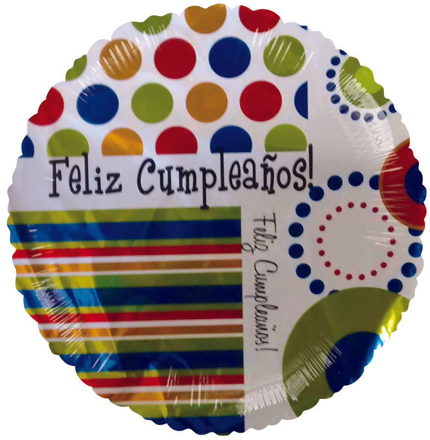 9" Airfill Only Feliz Cumpleanos Dots and Stripes Balloon (Spanish)