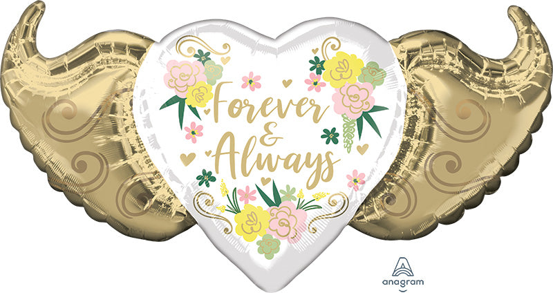 39" SuperShape Forever & Always Floral Winged Heart Foil Balloon