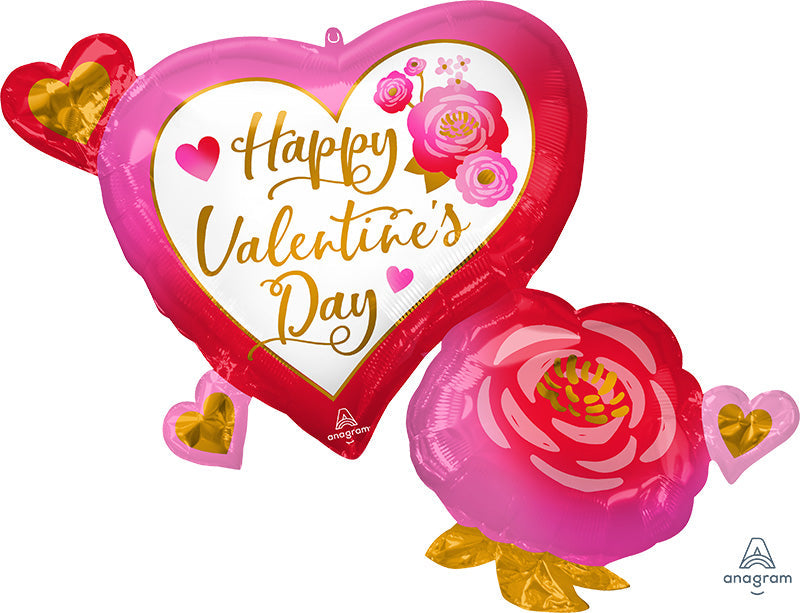 32" SuperShape Happy Valentine's Day Heart & Rose Foil Balloon