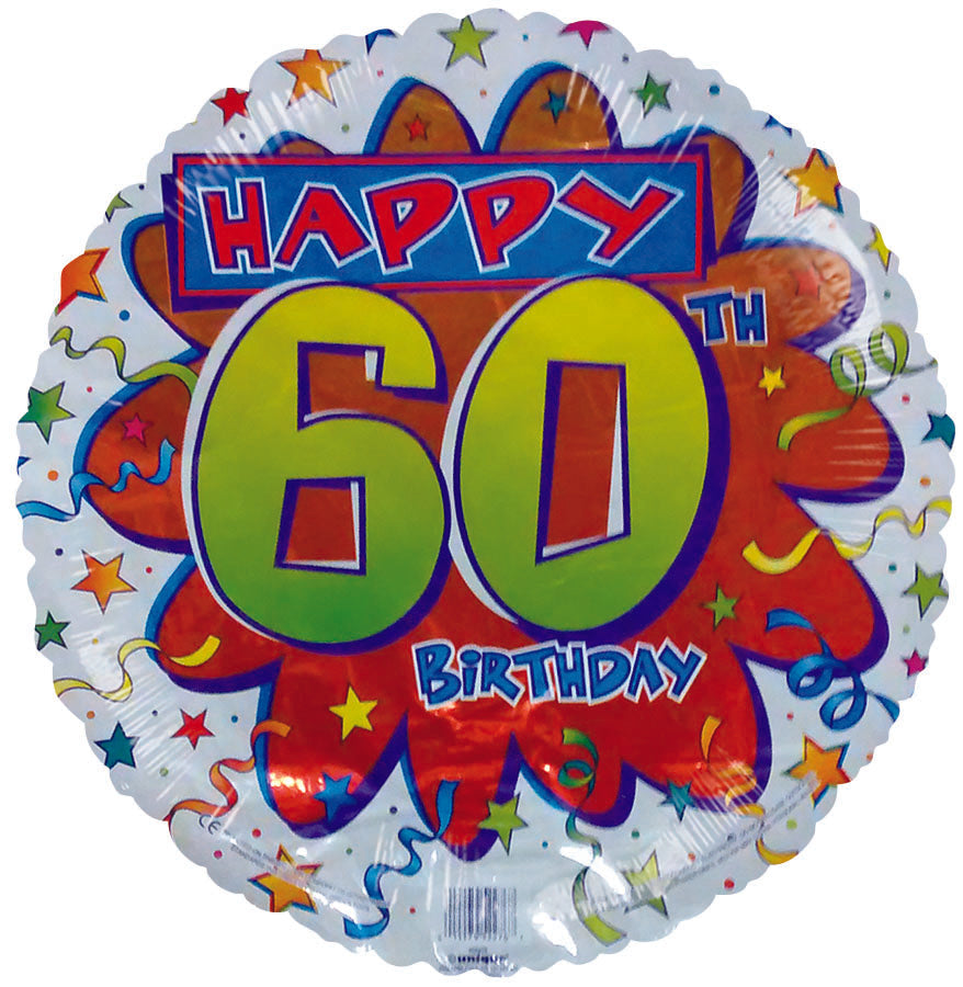 18" 60th Birthday Streamers & Stars White Border Foil Balloon