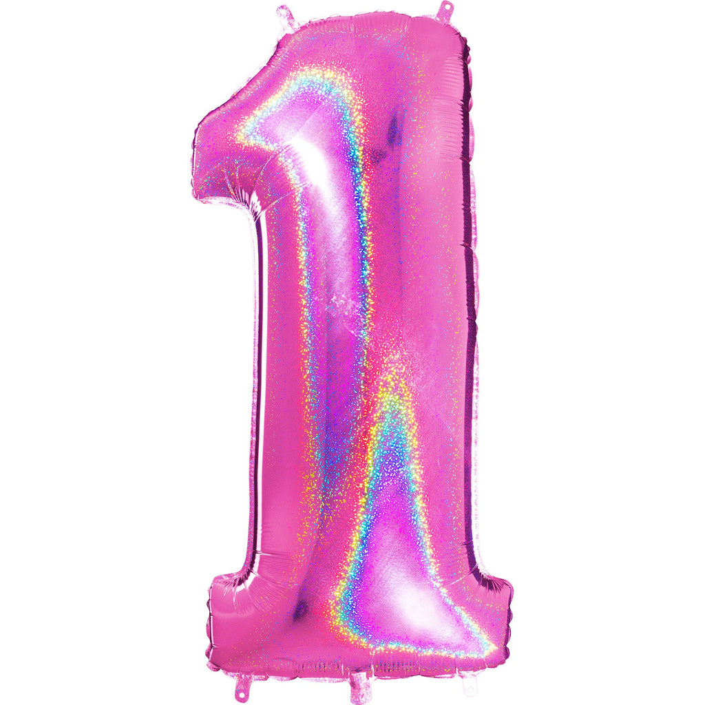 40" Number "1" Fucshia Glitter Holographic Balloons