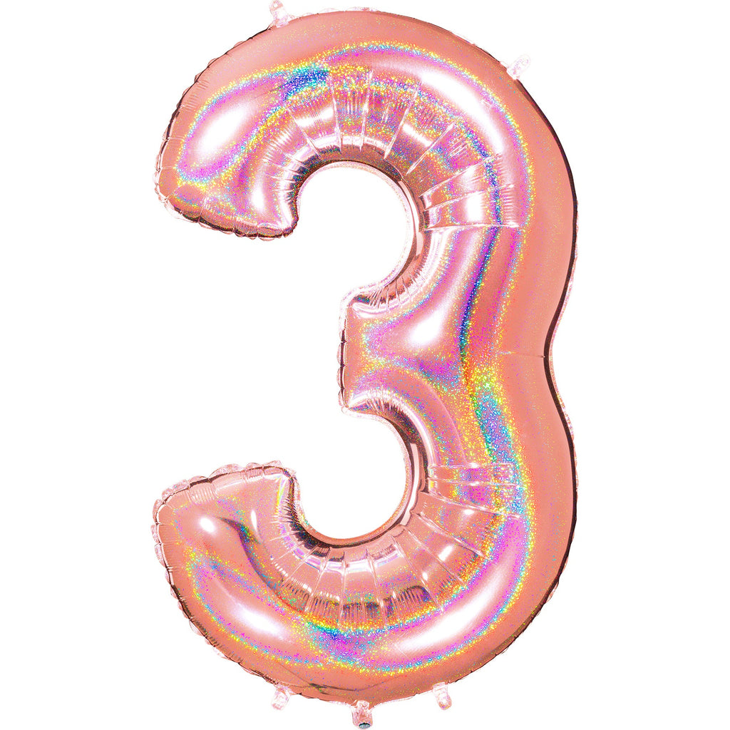 40" Number "3" Rose Gold Glitter Holographic Balloons
