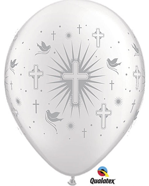 11" Cross & Doves Pearl White With Silver Ink (50 Per Bag) Latex Balloons