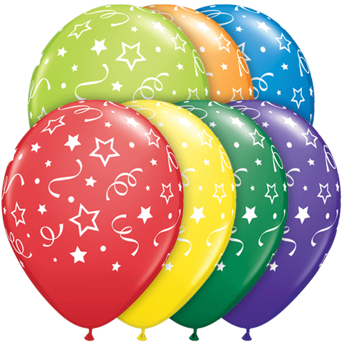 11" Stars, Dots, & Confetti Carnival Assortment (50 Per Bag) Latex Balloons