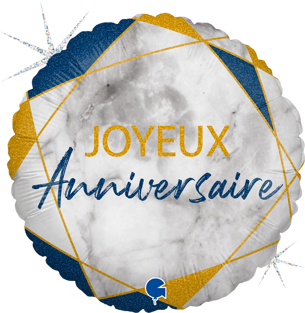 18" Marble Mate Joyeux Anniv Bleu (French) Foil Balloon