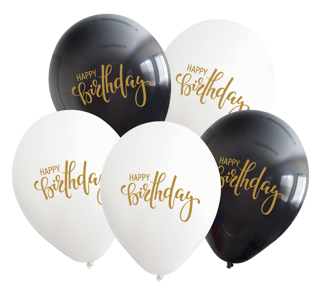 12" Happy Birthday Black/White Balloons Gold Print Latex Balloons (25 Per Bag) 2 Side Print