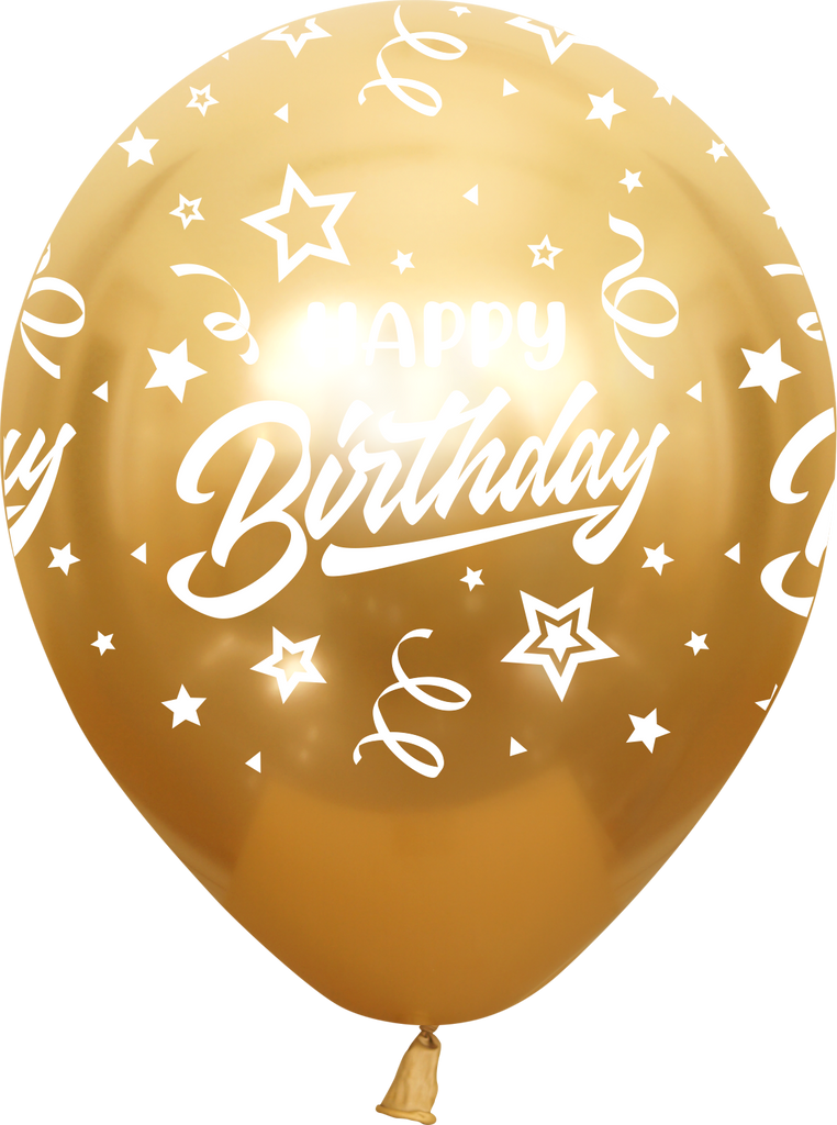 12" Mirror Happy Birthday All Around Gold Latex Balloons (25 Per Bag) 5 Side Print