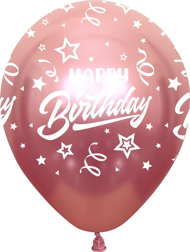 12" Mirror Happy Birthday All Around Pink Latex Balloons (25 Per Bag) 5 Side Print