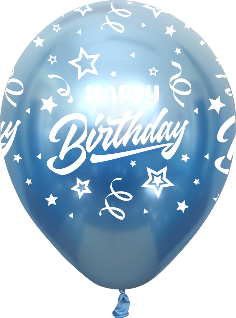 12" Mirror Happy Birthday All Around Blue Latex Balloons (25 Per Bag) 5 Side Print