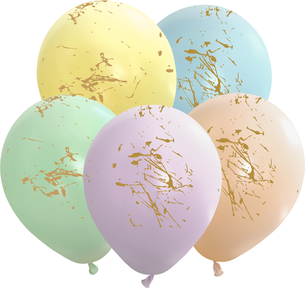 12" Macaron Splashes All Around Assorted Gold Print Latex Balloons (25 Per Bag) 5 Side Print