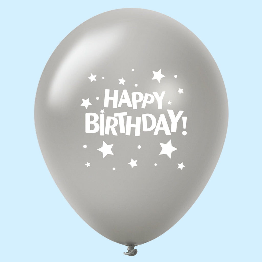 11" Happy Birthday Stars Latex Balloons Silver (25 Per Bag)