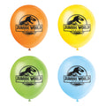 Eight 12" Jurassic World Multi Color Balloons by Unique, each featuring double-sided dinosaur prints, are arranged in a square on a white background. Balloons come in orange, yellow, green, and blue latex.