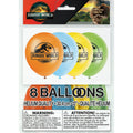 Unique 12" Jurassic World Multi Color Balloons, 8-count pack; each latex balloon features the logo on both sides in orange, blue, yellow, and green. Choking hazard—keep away from children under 8.