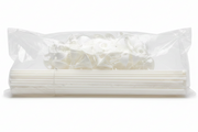 Pack of white straws in clear plastic packaging on a white background