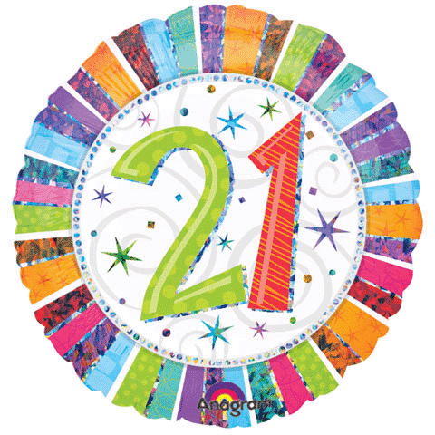 18" Holographic Radiant Birthday 21 Balloon Packaged