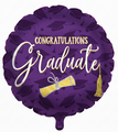 The 17" Glitter Diploma Grad Foil Balloon - Purple by CTI features graduation caps, gold "Congratulations Graduate" text, a diploma, and tassel—making it a festive decoration for any graduation celebration.