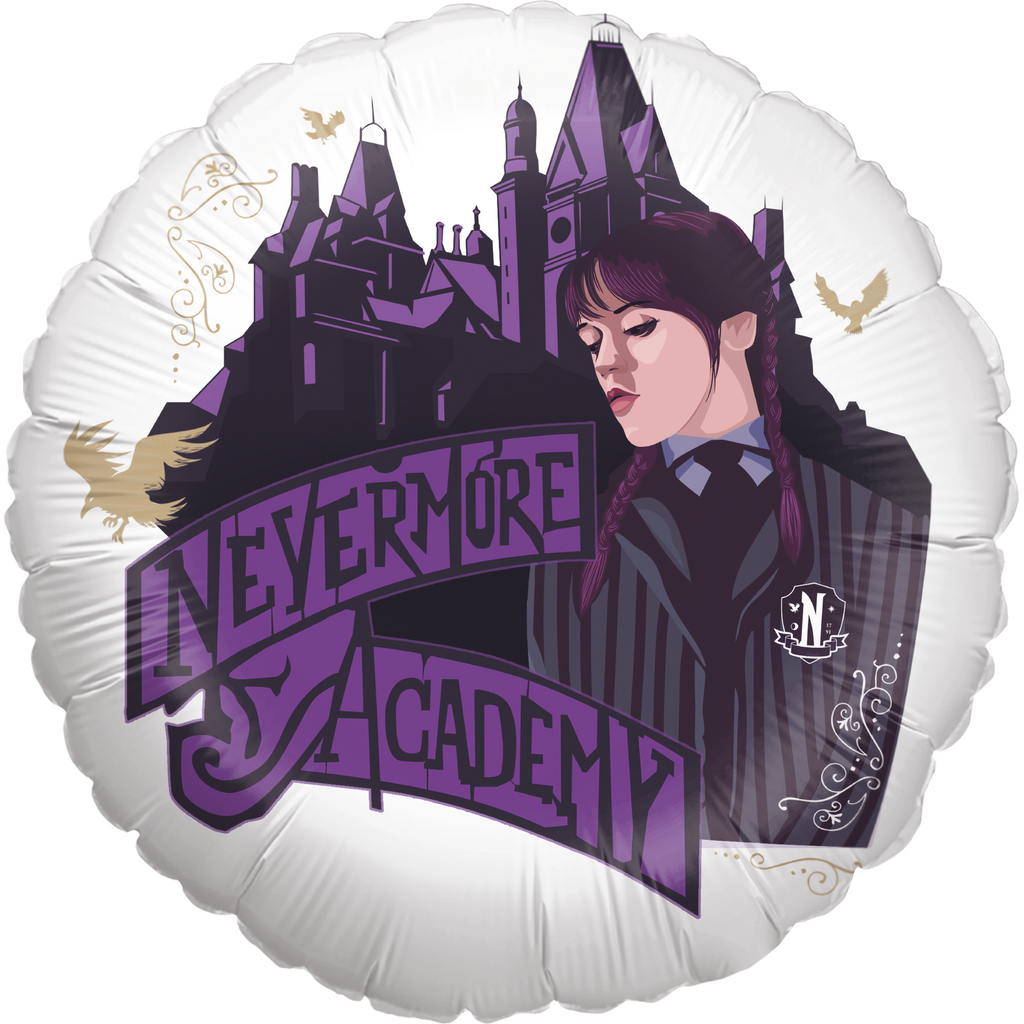  Foil Balloon Manufactured by Party Factory. The size is 18 Inches with printed design of Wednesday Nevermore Academy