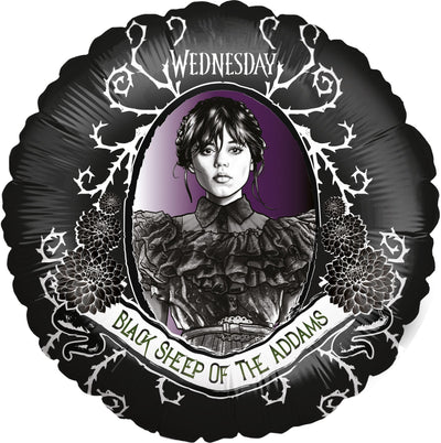 Mock of a Foil Balloon measuring 18 inches Wednesday Design Black Sheep of the Addams