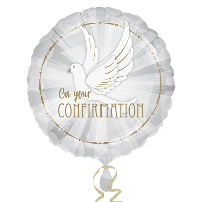 18″ Confirmation Dove Foil Helium Balloon in silver and white, featuring a white dove and the text On your CONFIRMATION.