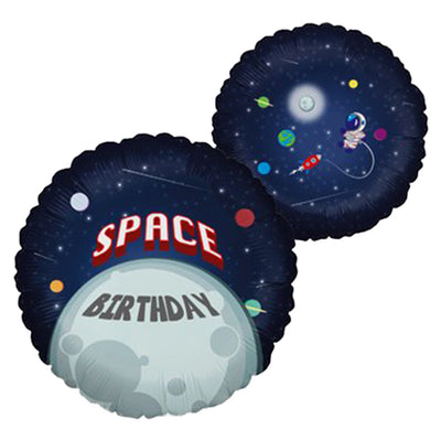 Two round 18″ Happy Birthday Space Foil Balloon units, one featuring the text SPACE BIRTHDAY over a moon, and the other showing an astronaut floating in space among planets.