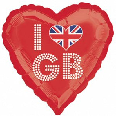 18″ I Love Gb (Great Britain) UK Red Heart Foil Balloon, featuring a Union Jack design within the heart symbol.