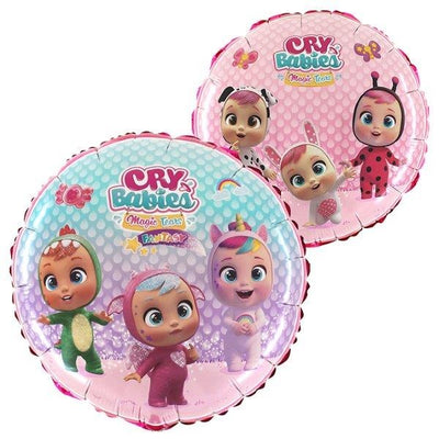 Two round 18″ Licensed Cry Babies foil balloons featuring cartoon characters dressed in animal costumes.