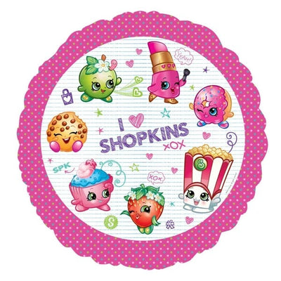 18″ Licensed Shopkins Foil Balloon, a round foil balloon with a pink polka-dot border and an illustration of various Shopkins characters surrounding the text I love Shopkins.