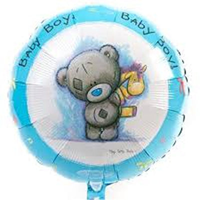 18″ Me To You Baby Boy Foil Balloon, a round design featuring a grey teddy bear holding a yellow toy with Baby Boy printed along the blue border.