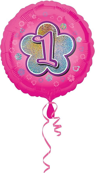 18″ Pink Flower 1 Holographic Foil Balloon featuring a holographic flower and the number one in the center, with curling ribbons attached at the bottom.