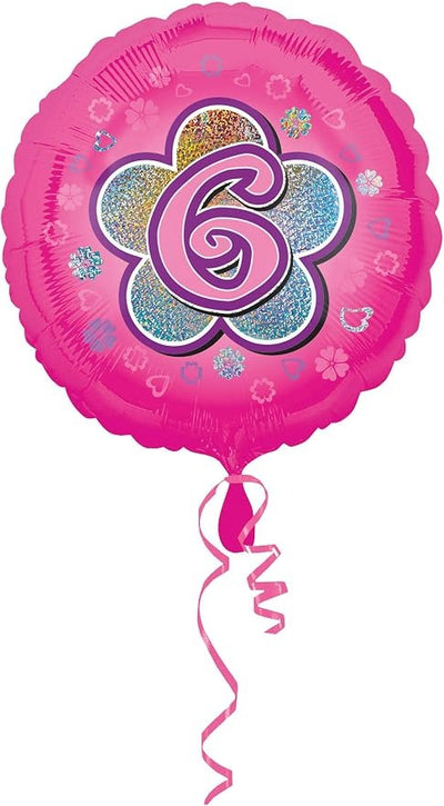 18″ Pink Flower 6 Holographic Foil Balloon featuring a large holographic flower with the number 6 in the center and pink ribbons attached.