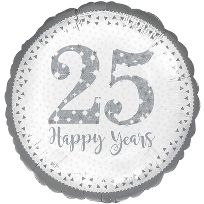 18″ Sparkling 25 Happy Years 25th Silver Anniversary Foil Balloon featuring a round silver foil design with the number 25 in sparkly text above the words Happy Years.