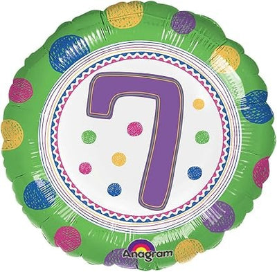 18″ Spot On Age 7 Foil Balloon featuring a round green foil design with a white center, a large purple number seven, and colorful polka dots.
